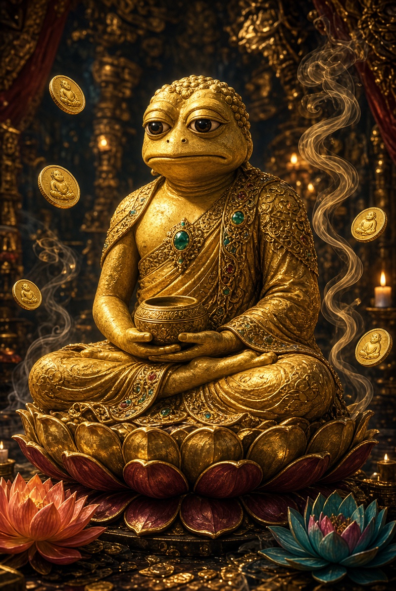 Golden Pepe Buddha statue